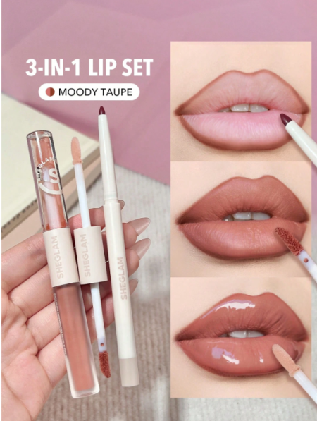SHEGLAM مجموعة أحمر الشفاه Soft 90'S Glam Lip Liner And Lip Duo Set-Moody Taupe Lip Set 3-In-1 Lip Makeup Plumping Lip Gloss مرطب بخلاصة النباتات أحمر شفاه سائل يدوم طويلاً مكياج الشفاه Brown Liquid Lip Lipstick
